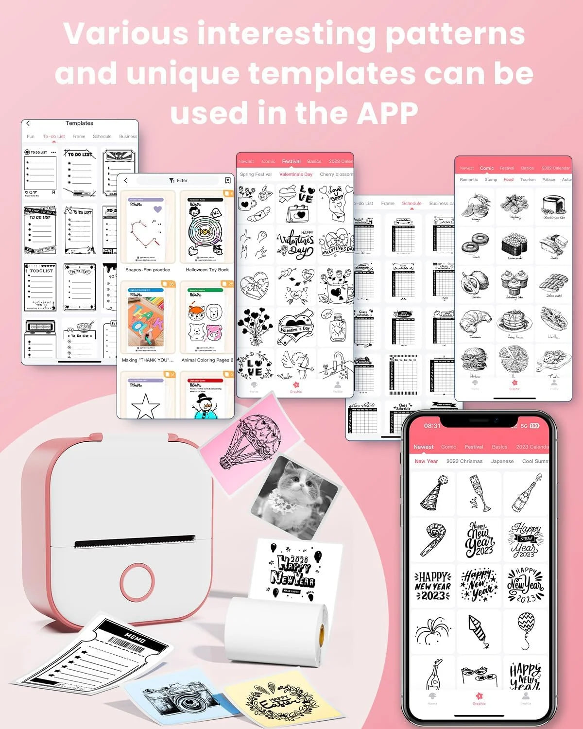 T02 Portable Label Maker, Mini Sticker Printer, Bluetooth Inkless Sticker Maker Machine, Mobile Printer for Study Notes, Kids Gift, Photos, Journals, To-Dos (Pink)