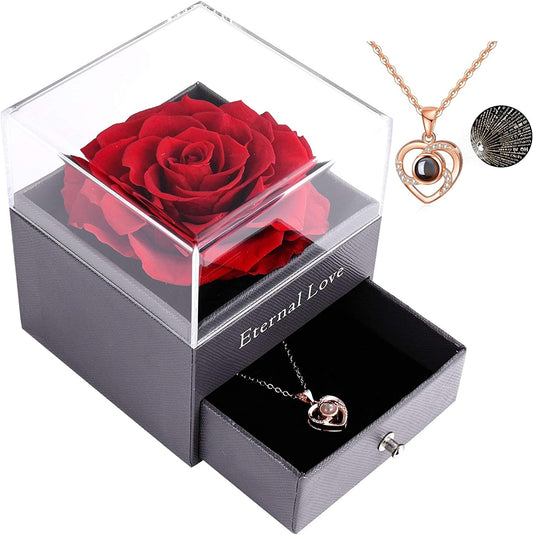 Real Preserved Red Rose - Eternal Rose Gift Box with Rose Necklace, Handmade Fresh Rose Gift for Her on Birthday,Christmas,Mother'S Day,Valentine'S Day (Red)