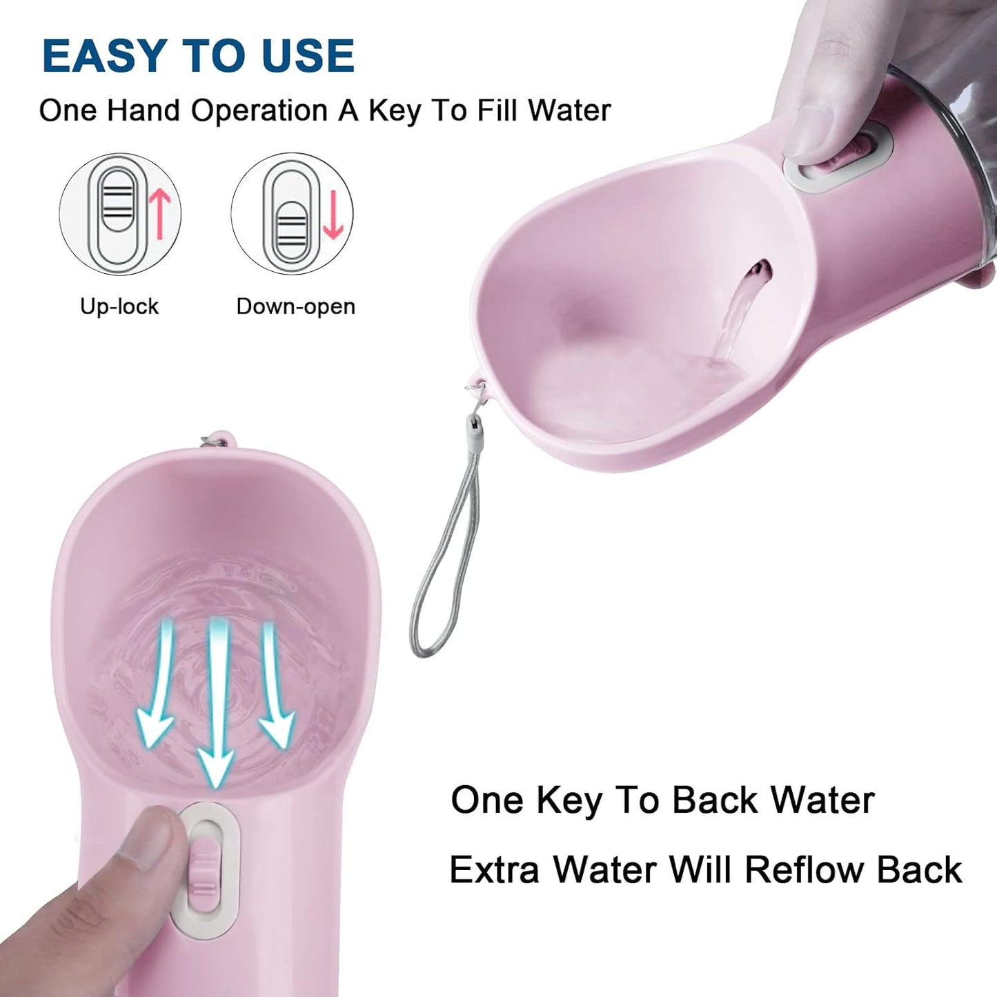 Dog Water Bottle 4 in 1 Portable Pet Dog Water Bottle Dispenser Leakproof Travel Dog Water Bottle Cat Dog Accessories with Drinking Feeding, Waste Bag and Poop Shovel for Walking Travel, Pink