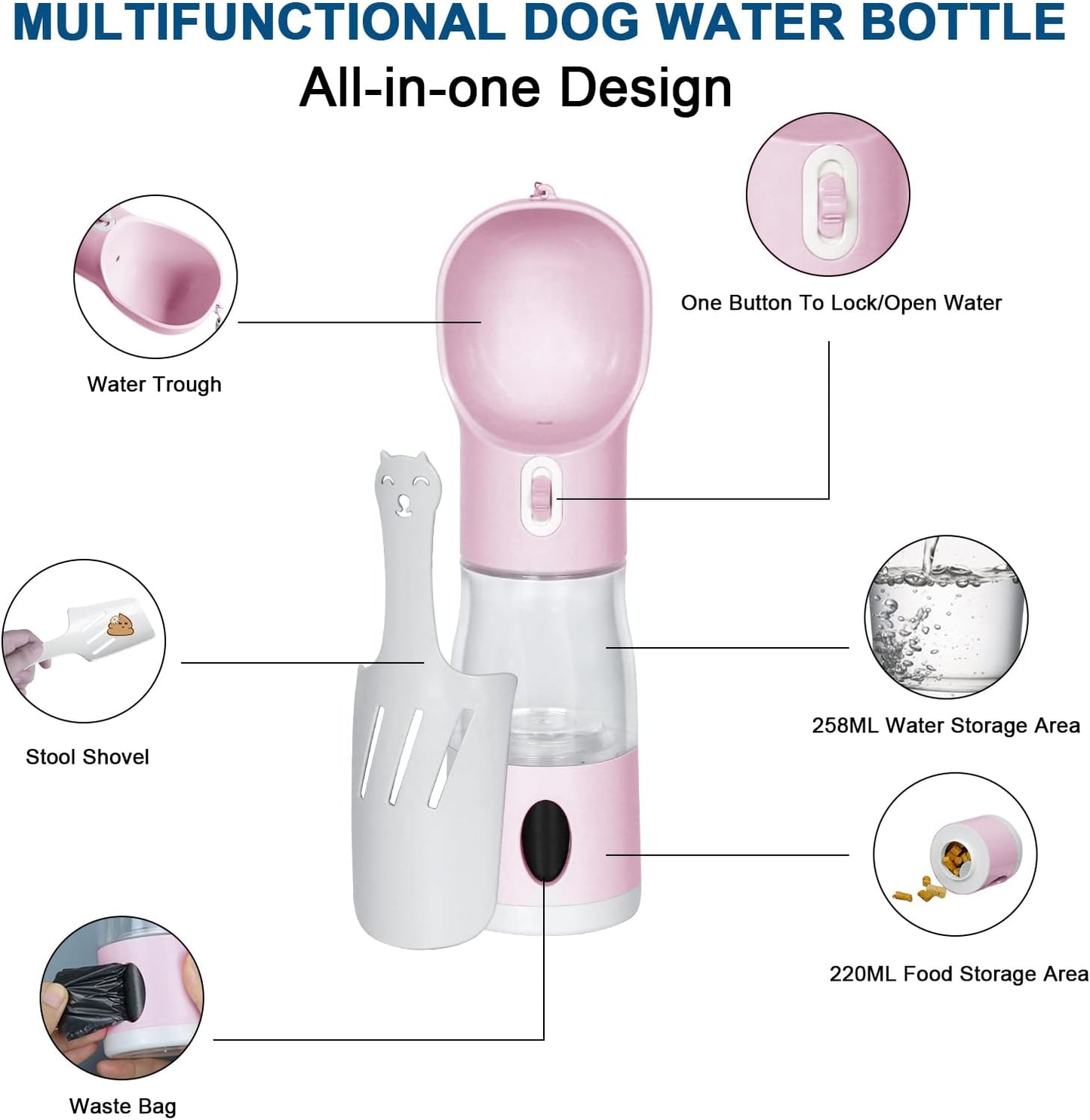 Dog Water Bottle 4 in 1 Portable Pet Dog Water Bottle Dispenser Leakproof Travel Dog Water Bottle Cat Dog Accessories with Drinking Feeding, Waste Bag and Poop Shovel for Walking Travel, Pink