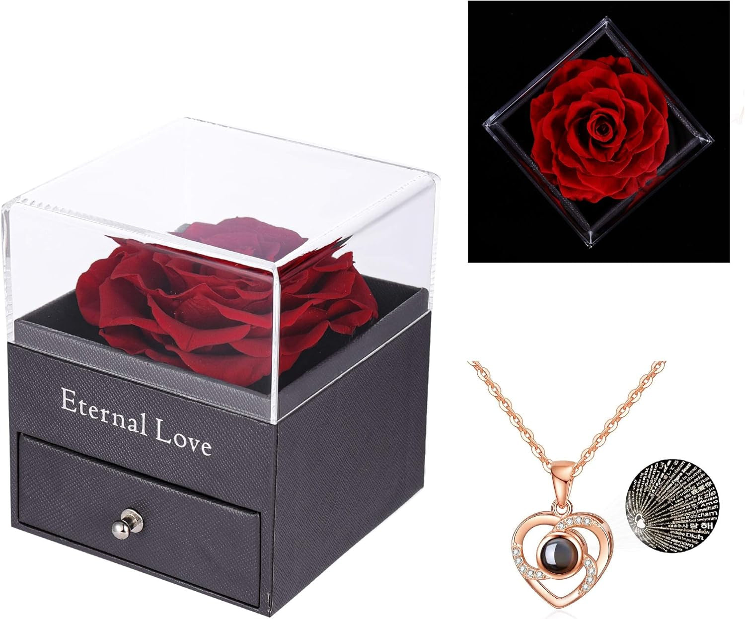 Real Preserved Red Rose - Eternal Rose Gift Box with Rose Necklace, Handmade Fresh Rose Gift for Her on Birthday,Christmas,Mother'S Day,Valentine'S Day (Red)